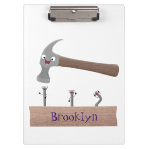 Cute, funny hammer and nails cartoon illustration clipboard