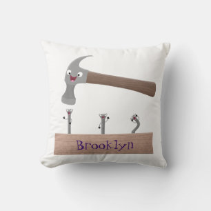 Cute, funny hammer and nails cartoon illustration  cushion