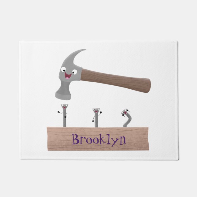 Cute, funny hammer and nails cartoon illustration  doormat (Front)