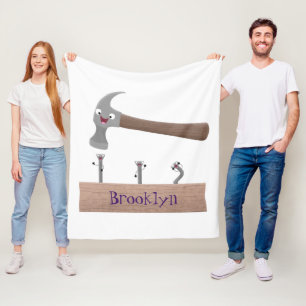 Cute, funny hammer and nails cartoon illustration fleece blanket