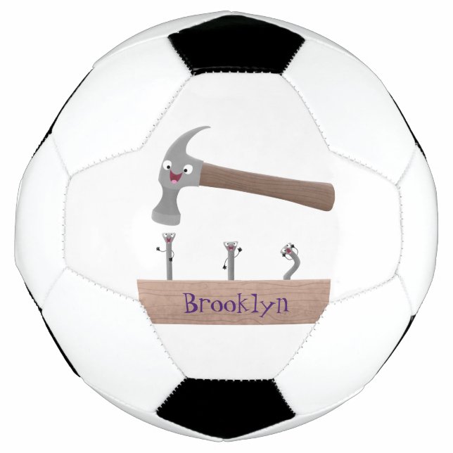 Cute, funny hammer and nails cartoon illustration football (Front)