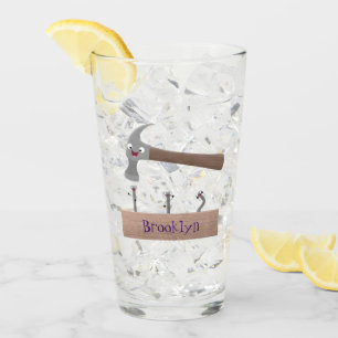 Cute, funny hammer and nails cartoon illustration glass