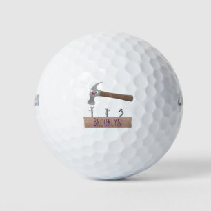Cute, funny hammer and nails cartoon illustration golf balls