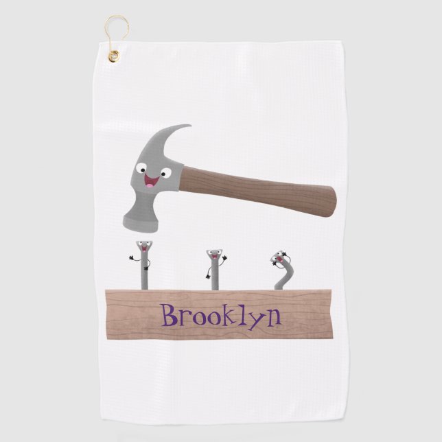 Cute, funny hammer and nails cartoon illustration  golf towel (Front)