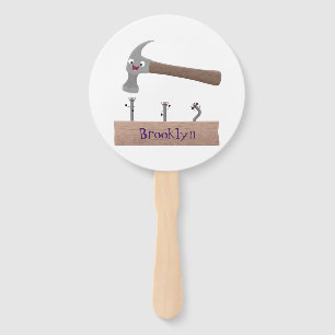 Cute, funny hammer and nails cartoon illustration hand fan