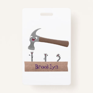 Cute, funny hammer and nails cartoon illustration  ID badge