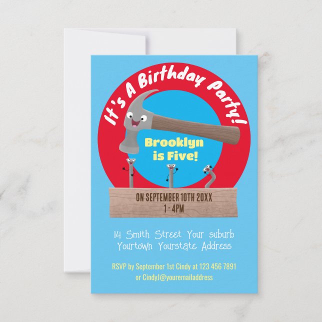 Cute, funny hammer and nails cartoon illustration invitation (Front)