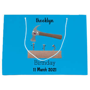 Cute, funny hammer and nails cartoon illustration large gift bag