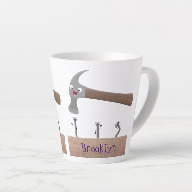 Cute, funny hammer and nails cartoon illustration  latte mug (Right Angle)