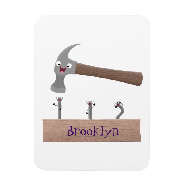 Cute, funny hammer and nails cartoon illustration magnet (Vertical)