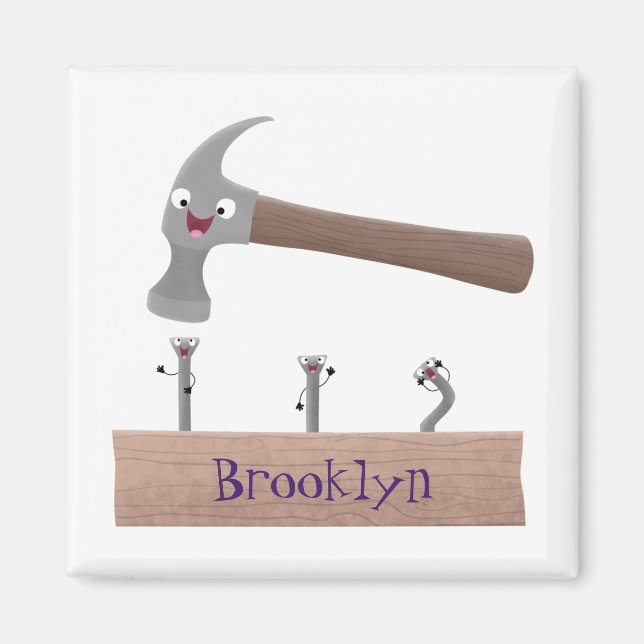Cute, funny hammer and nails cartoon illustration magnet (Front)