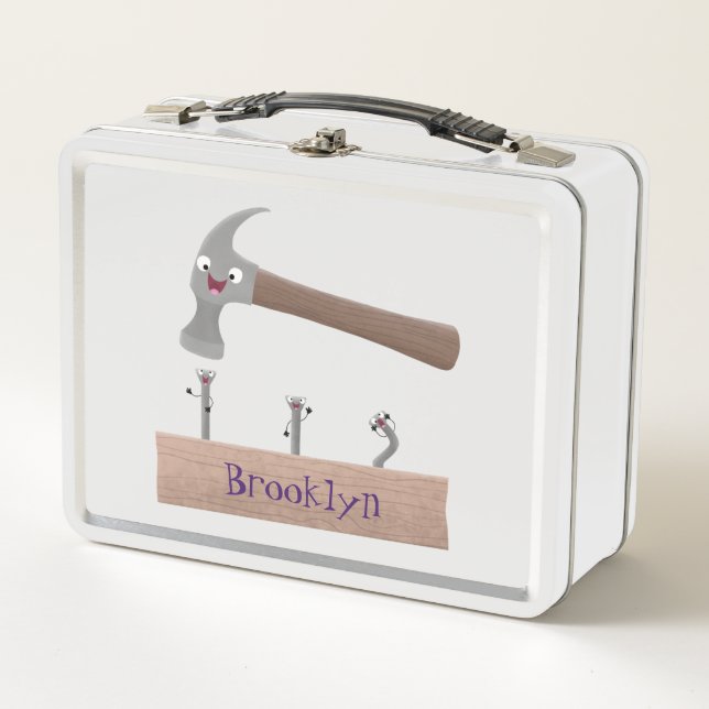 Cute, funny hammer and nails cartoon illustration metal lunch box (Front)