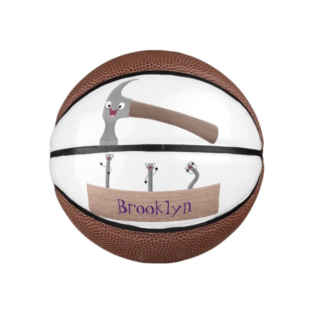 Cute, funny hammer and nails cartoon illustration mini basketball (Front)