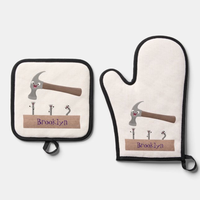 Cute, funny hammer and nails cartoon illustration oven mitt & pot holder set (Front)