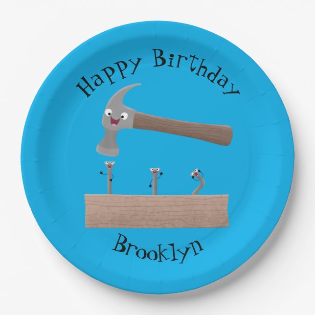 Cute, funny hammer and nails cartoon illustration paper plate (Front)