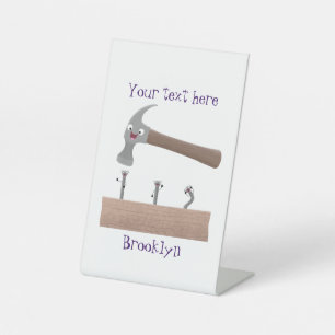 Cute, funny hammer and nails cartoon illustration pedestal sign