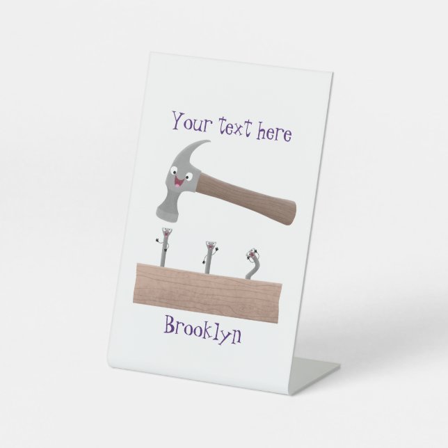 Cute, funny hammer and nails cartoon illustration pedestal sign (Front)
