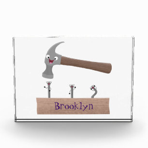 Cute, funny hammer and nails cartoon illustration photo block