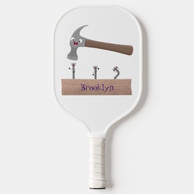 Cute, funny hammer and nails cartoon illustration  pickleball paddle (Front)