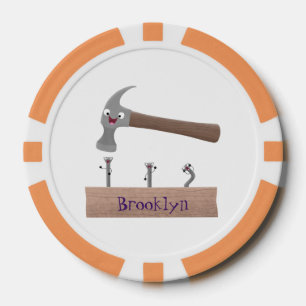 Cute, funny hammer and nails cartoon illustration poker chips