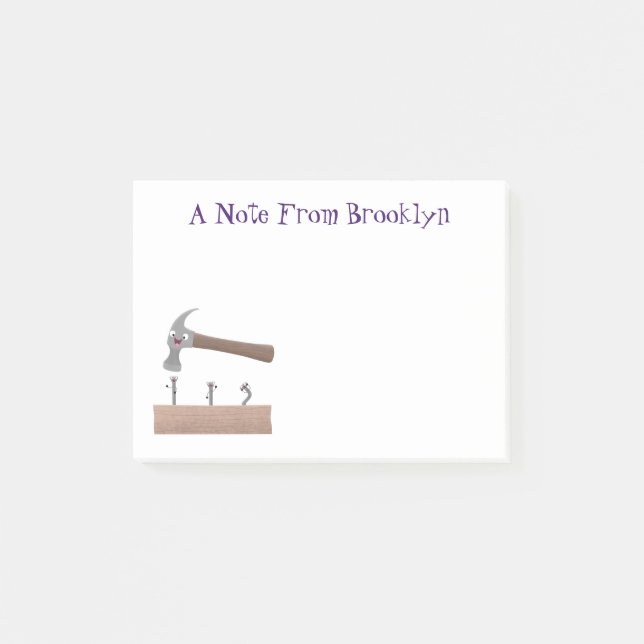 Cute, funny hammer and nails cartoon illustration post-it notes (Front)