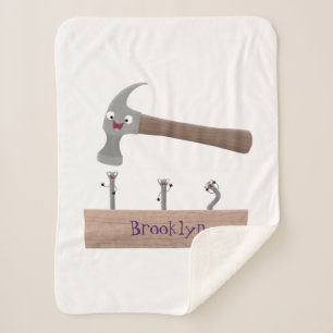 Cute, funny hammer and nails cartoon illustration sherpa blanket