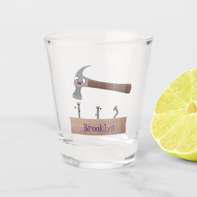 Cute, funny hammer and nails cartoon illustration shot glass (Front)