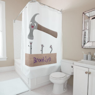 Cute, funny hammer and nails cartoon illustration shower curtain