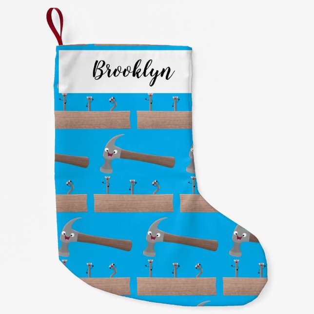 Cute, funny hammer and nails cartoon illustration small christmas stocking (Front)