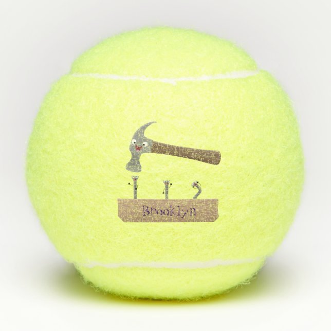 Cute, funny hammer and nails cartoon illustration  tennis balls (Front)