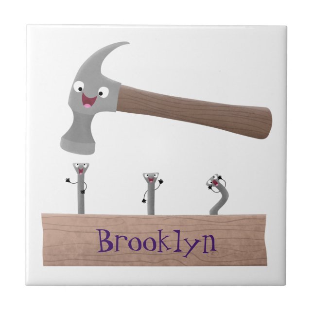 Cute, funny hammer and nails cartoon illustration tile (Front)