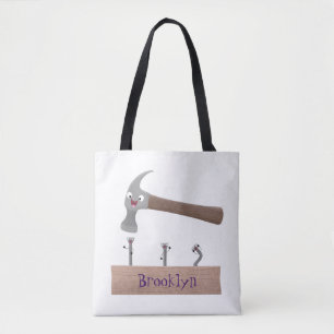 Cute, funny hammer and nails cartoon illustration tote bag