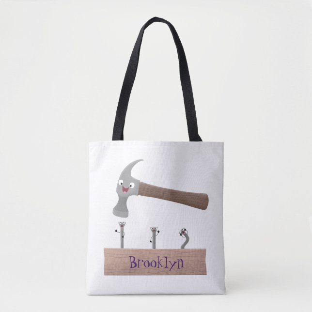 Cute, funny hammer and nails cartoon illustration tote bag (Front)