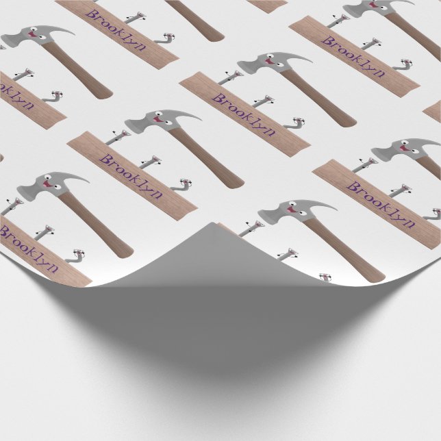 Cute, funny hammer and nails cartoon illustration wrapping paper (Corner)