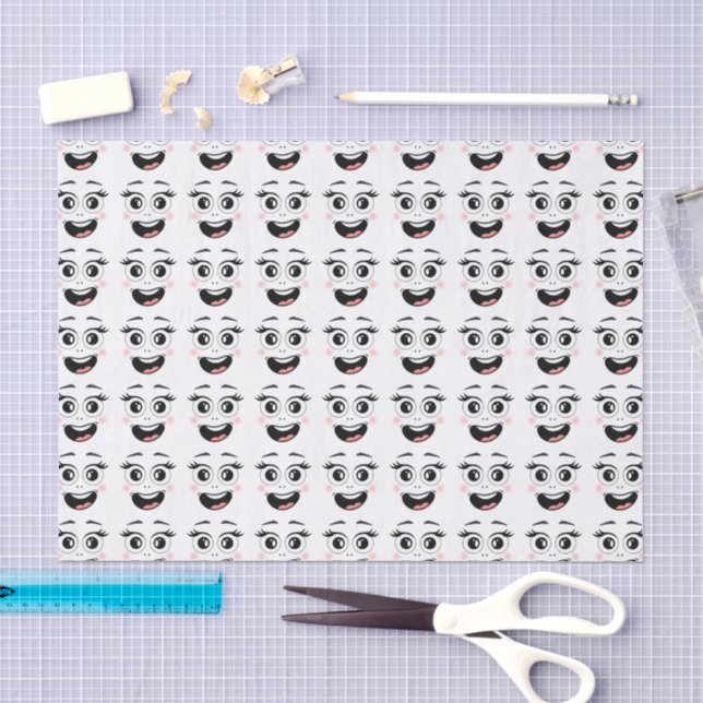 cute funny happy faces pattern black and white tissue paper (Craft)