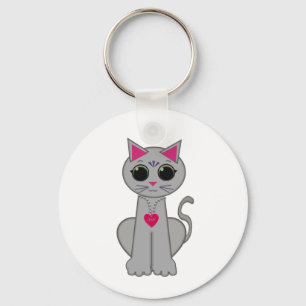 Cute Funny Happy Grey Cat Key Ring