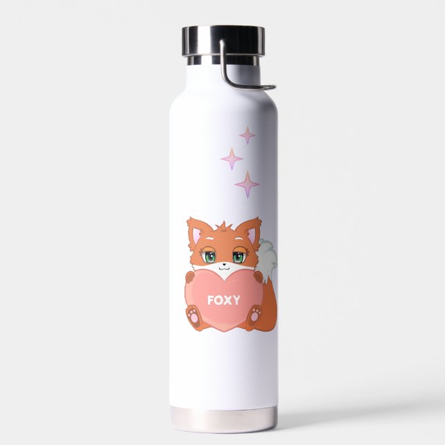 Cute Funny Happy Little Fox Holding a Heart Water  Water Bottle (Left)