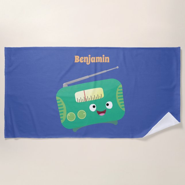 Cute funny happy retro radio cartoon beach towel (Front)