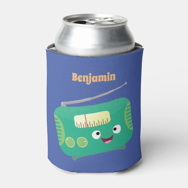 Cute funny happy retro radio cartoon can cooler (Can Front)