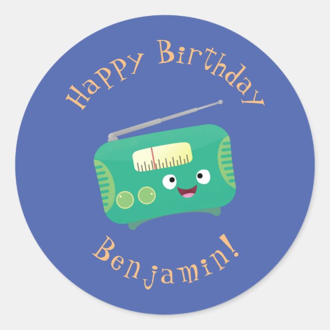 Cute funny happy retro radio cartoon classic round sticker (Front)