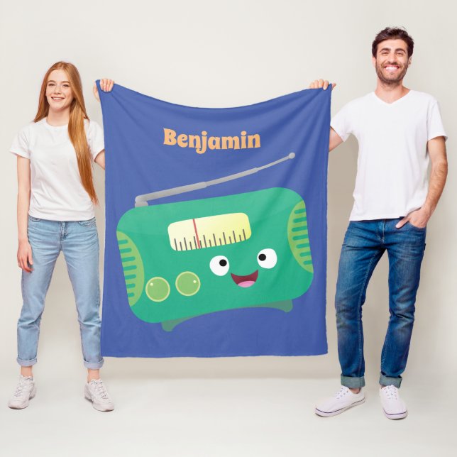Cute funny happy retro radio cartoon fleece blanket (In Situ)
