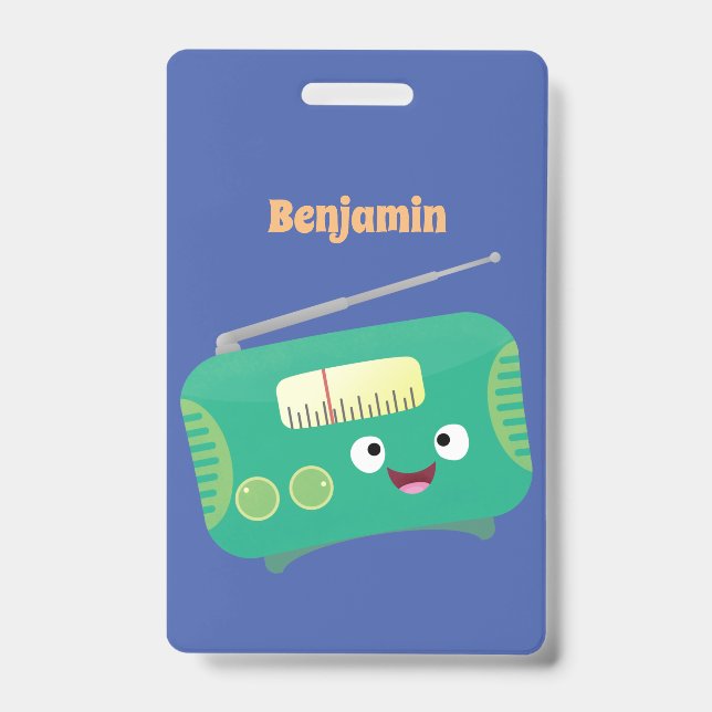 Cute funny happy retro radio cartoon ID badge (Front)