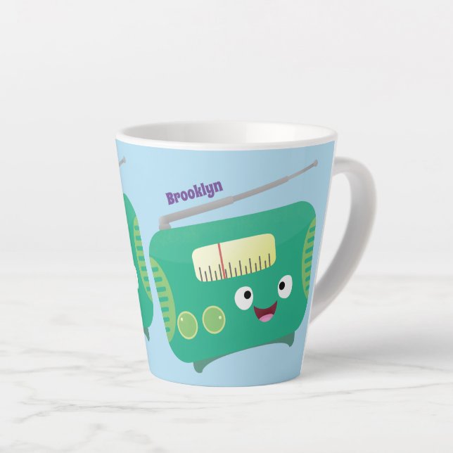 Cute funny happy retro radio cartoon latte mug (Right Angle)
