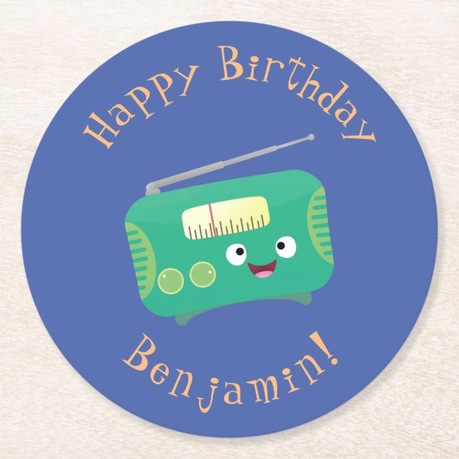 Cute funny happy retro radio cartoon round paper coaster (Front)