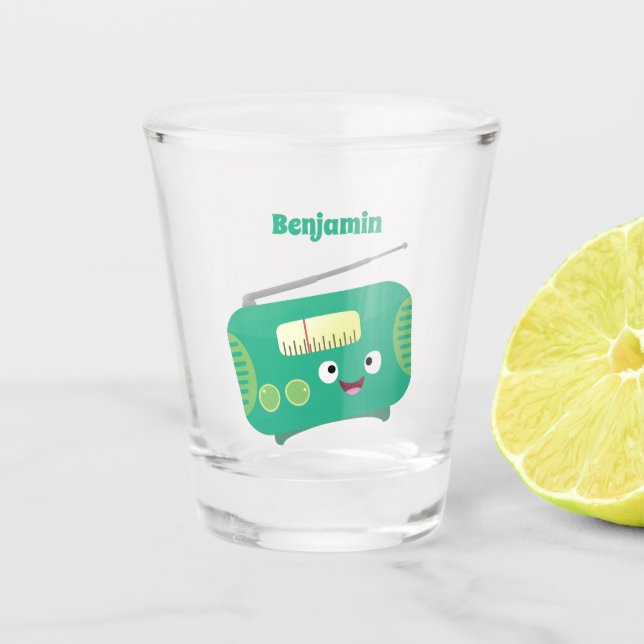 Cute funny happy retro radio cartoon shot glass (Front)