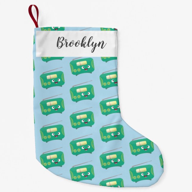 Cute funny happy retro radio cartoon small christmas stocking (Front)