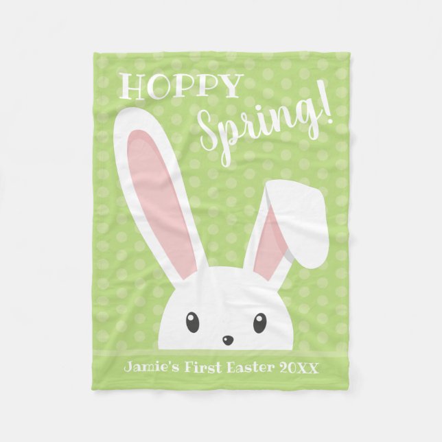 Cute funny Happy Spring Easter Bunny Name Green Fleece Blanket (Front)