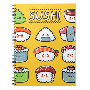 Cute funny happy sushi maki rolls cartoon seamless notebook