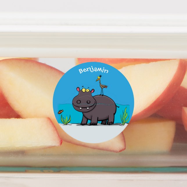 Cute funny hippopotamus with bird cartoon (Affixed)