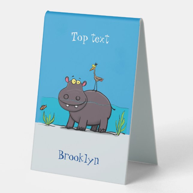 Cute funny hippopotamus with bird cartoon (Front)